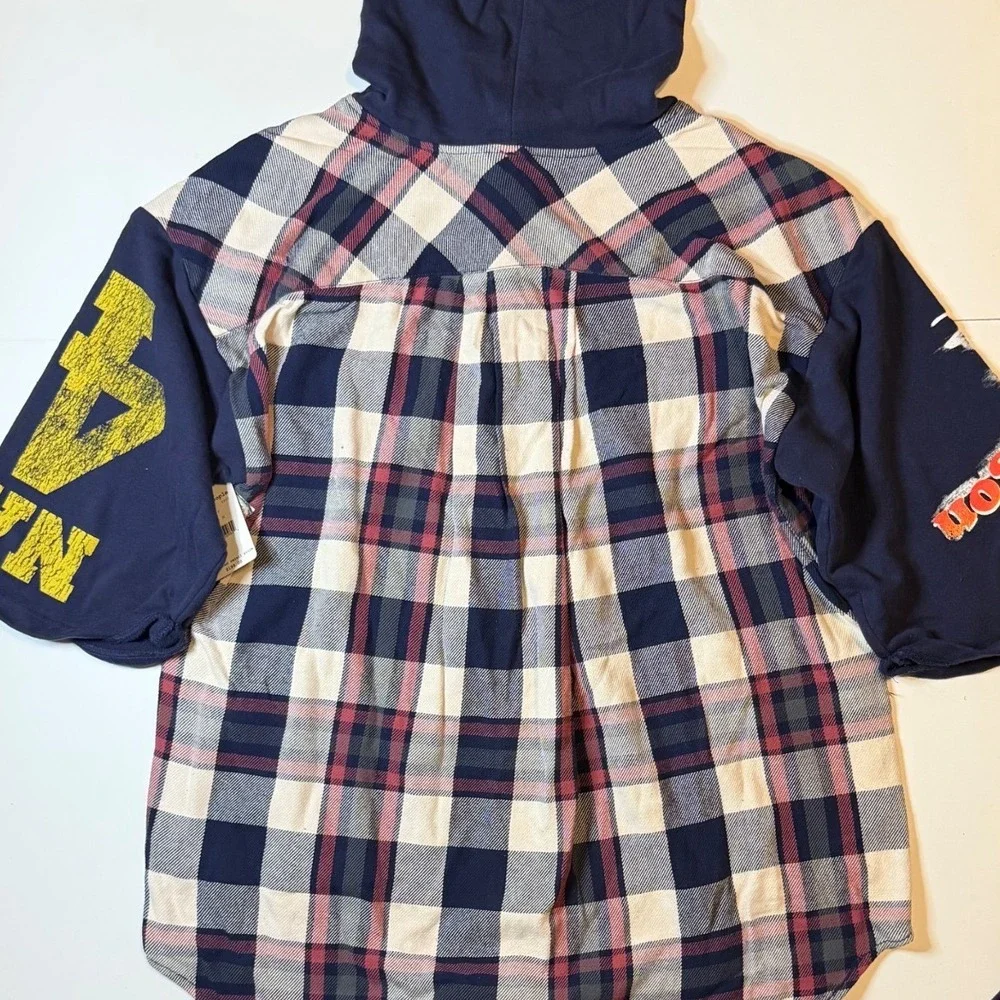 Free People Hooded Flannel Shirt Womens M Navy Plaid Shirt NWT
